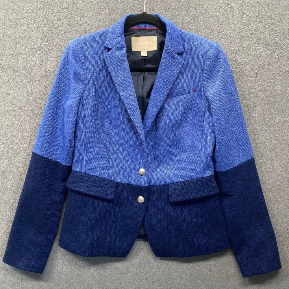 Banana Republic Wool‎ Blend Blazer Jacket Women 2 Blue Color Block Preppy
